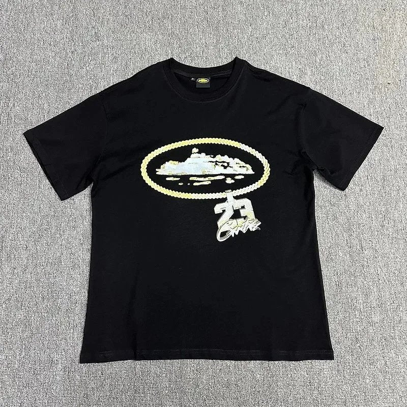 Corteiz Inspired Gold Chain Logo Tee - Black